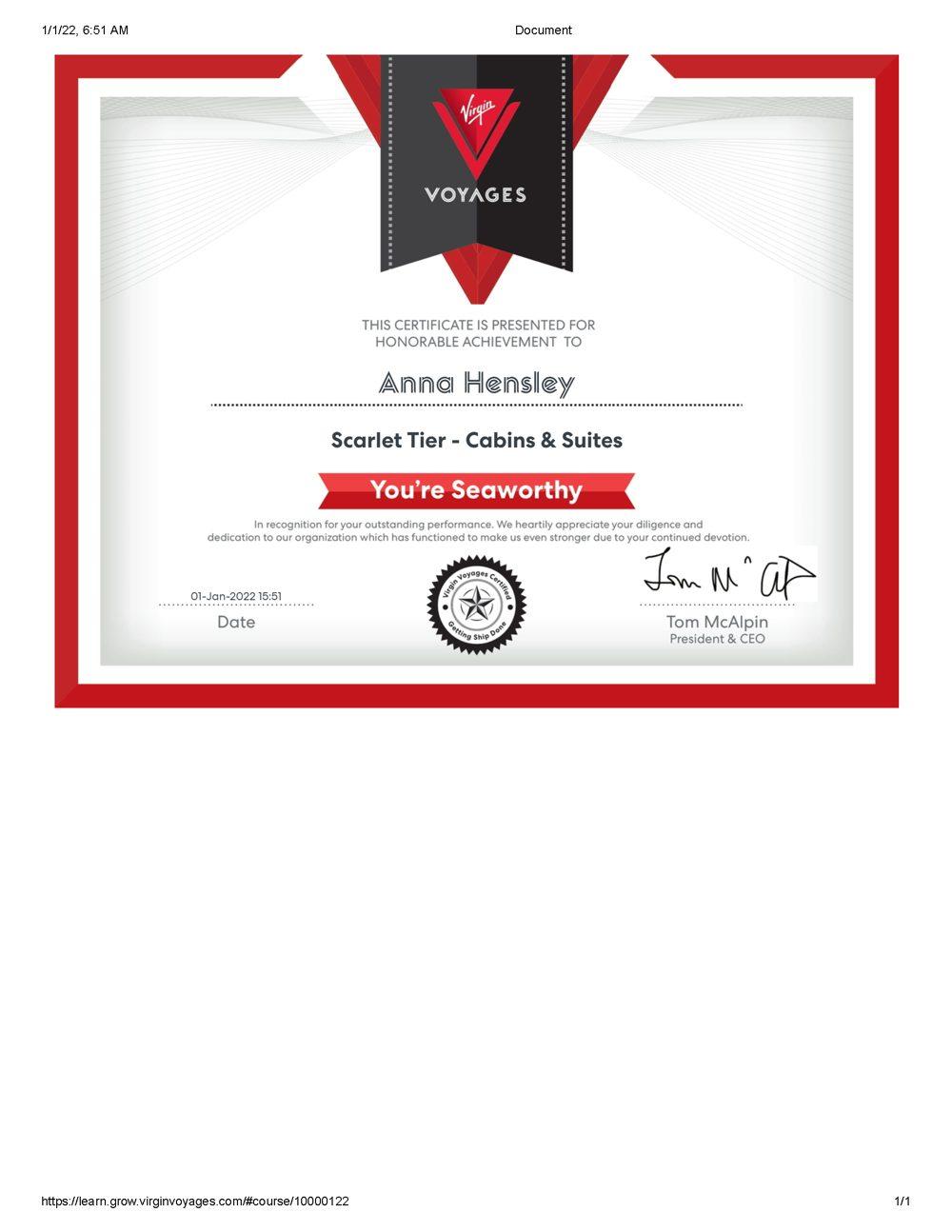 Virgin Voyages specialist certification